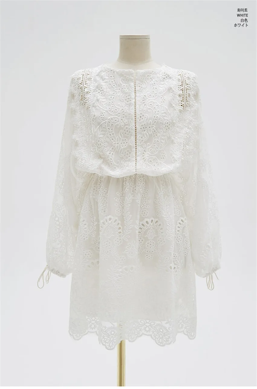 Spring Long Sleeve White Embroidery Lace Mini Dress Backless Cute Mini Lace Short Women Dress