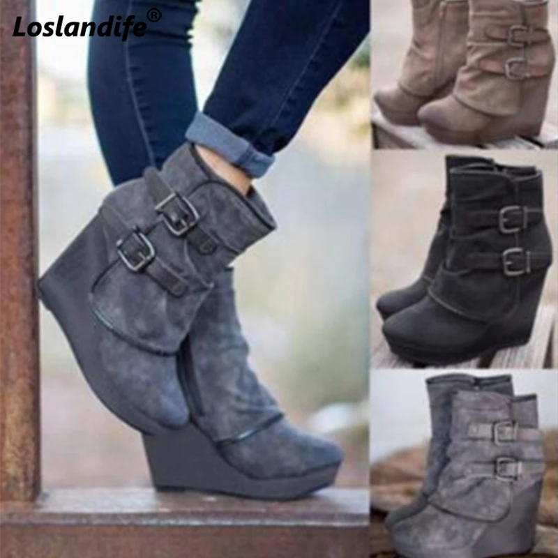 

Booties woman 2018 High heel wedge zipper rubber ankle boots fashion leather female height Increasing shoes women's winter boots