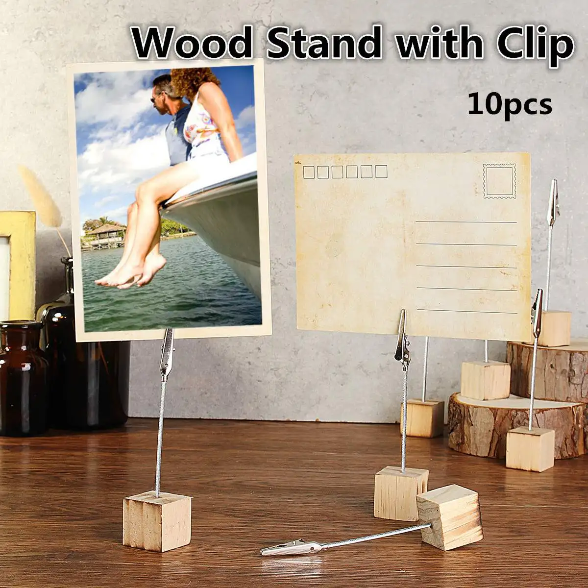 

10PCS Wood Stand with Clip Wedding Place Card Holder Table Number Stand Pictures Note Clip Shop Display Price Tag
