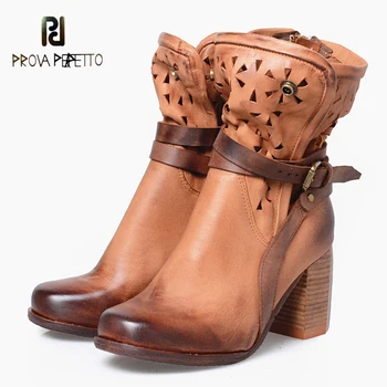 

Prova Perfetto Square High Heel Women Ankle Boots Carve Hollow Out Martin Boots Round Toe Buckle Belt Women Short Boots