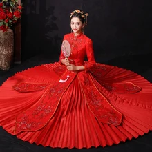 Chino mujeres flor Qipao clásico mandarín Collar Cheongsam exquisito rojo manga larga matrimonio traje Vintage tostado ropa