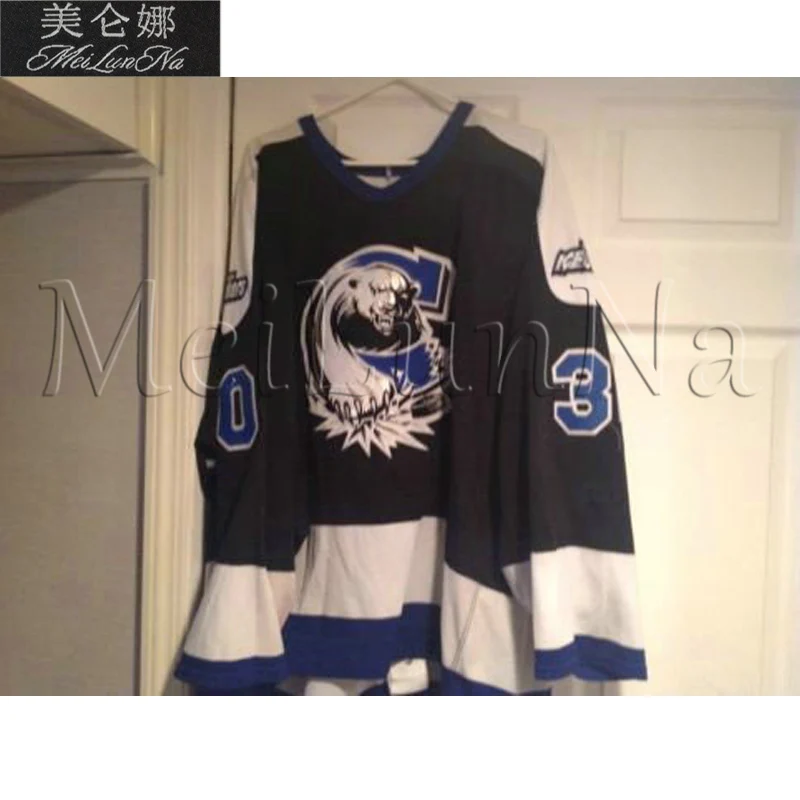 

MeiLunNa Custom ECHL Chesapeake Icebreakers Hockey Jerseys 6 Darren Wetherill 30 Martin Bradette Black Sewn On Any Name NO. Size