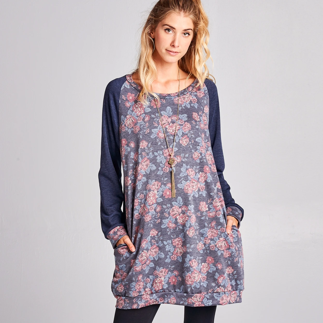 Floral French Terry Sweatshirt Dress with Pockets (3)