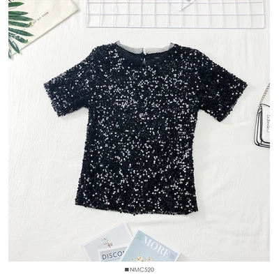 Сетчатые женские сексуальные топы с блестками, летняя повседневная футболка с коротким рукавом, Модные Вечерние шелковые топы, футболки для женщин, женская одежда - Цвет: Black