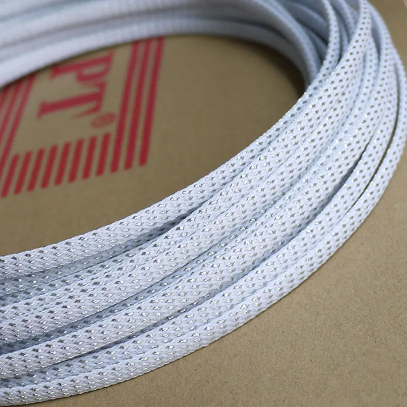 

1/5/20/50/200 Meters White &Silver High quality 6mm Braided PET Expandable Sleeving High Density Sheathing Plaited Cable Sleeves