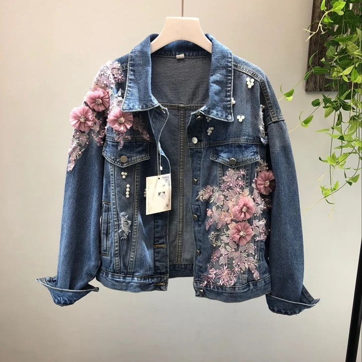 

2019 Spring Autumn Jeans Jacket Coat Woman New Heavy Stereo Pink Flower Embroidered Hole Denim Jackets Student Basic Coats