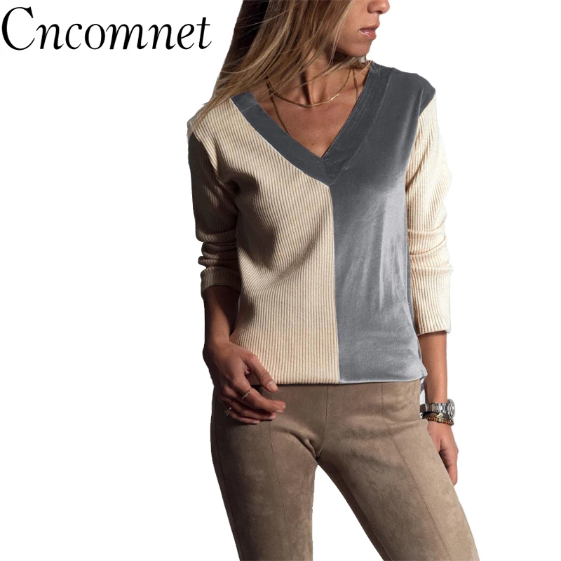 

2018 Top T Shirt Women Casual Knitted Full Sleeve Tops Sexy V-neck Featuring Color Matching Comfort Tshirt