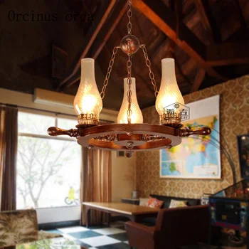 

American country solid wood chandelier living room restaurant bar Chinese antique creative boat rudder glass chandelier