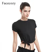 Facecozy, женские тонкие спортивные короткие футболки для йоги, завязанные узлом, с круглым вырезом, одноцветная футболка для бега, фитнеса