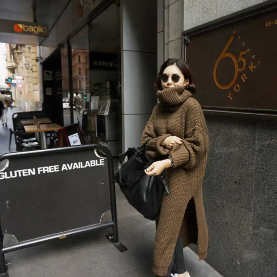 Loose turtleneck wool knitted dress long thick split backing sweater | Женская одежда