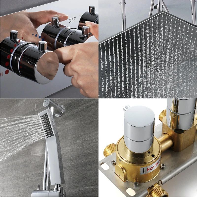 Ceiling Mounted 20 Inch Rainfall Shower Head Thermostatic Shower Faucet Hand Held Rain Shower Massage Spray Jet Brass Shower Set Ceiling Mounted 20 Inch Rainfall Shower Head Thermostatic Shower Faucet Hand Held Rain Shower Massage Spray Jet Brass Shower Set