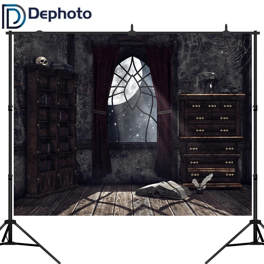 

Dephoto Old Bookshelf Photography Backdrop Halloween Haunted House Spider Web Photo Background Decoration Photographic Props