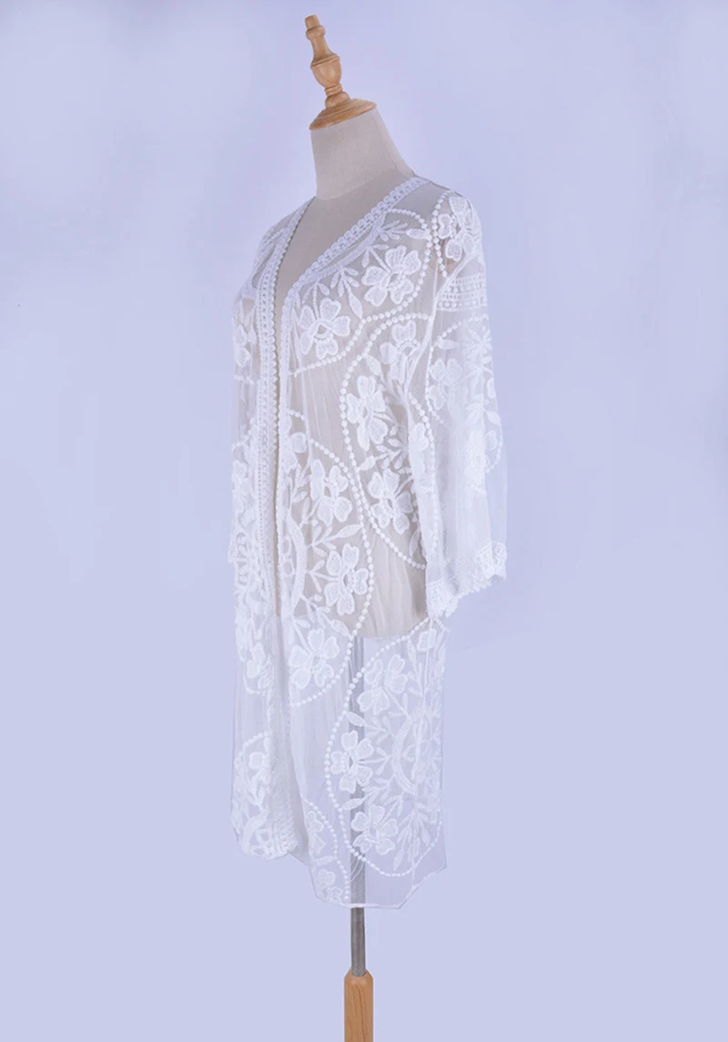 Fitshinling Flower lace beach cover up swimwear kimono flare sleeve see through long cardigan bikini outer cover sexy cover-ups