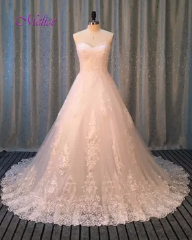 

Fmogl Romantic Strapless Lace Up A-line Wedding Dresses 2020 New Arrival Delicate Lace Appliques Wedding Gown Vestido de Noiva