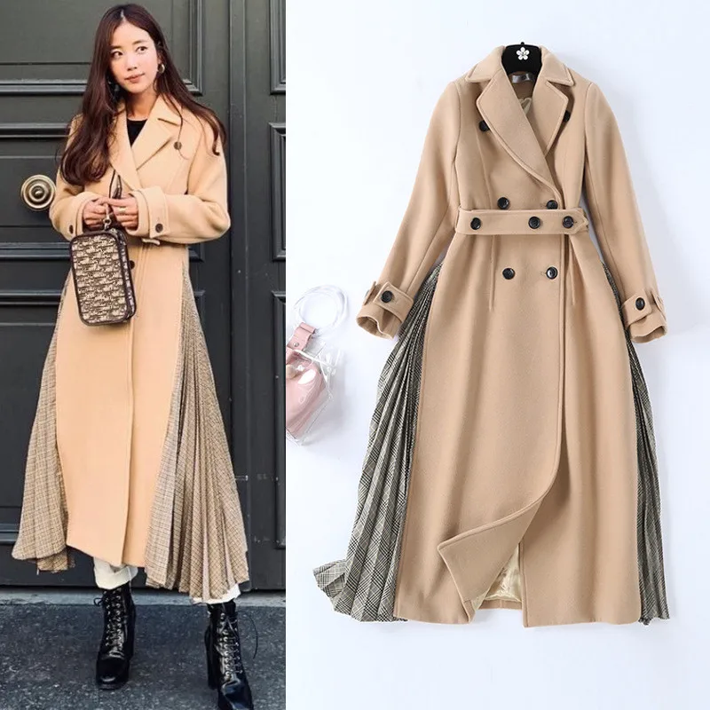 Korean style elegant women's overvoat 2018 winter high quality patchwork double breasted coat Women D966