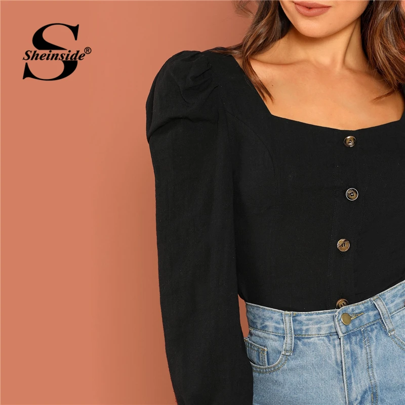 Sheinside, элегантная блуза на пуговицах с пышными рукавами, рубашка для женщин, винтажный топ с милым вырезом,, длинный рукав, Женские Черные блузки
