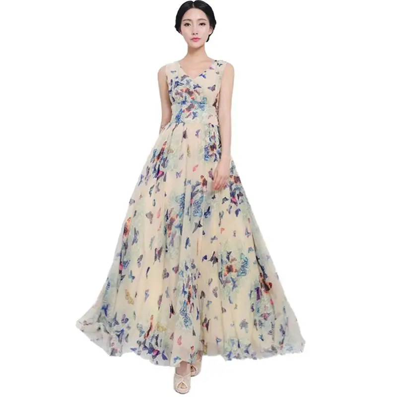 

Summer Vintage Chiffon Floral Print Boho Dresses 2019 Women Elegant Long Maxi Beach Dresses Casual Sleeveless Slim Vestidos L214