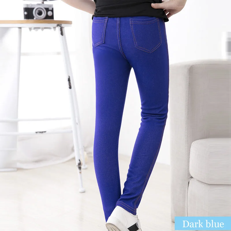 Джеггинсы; джинсы для девочек; узкие трикотажные джинсы с имитацией; детские длинные брюки ярких цветов со средней талией; одежда для детей - Цвет: Dark blue