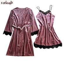 Fdfklak хит осенне-зимний халат женский длинный рукав сексуальное кружевное ночное белье комплект из 2 предметов золотые вельветовые халаты Женская одежда