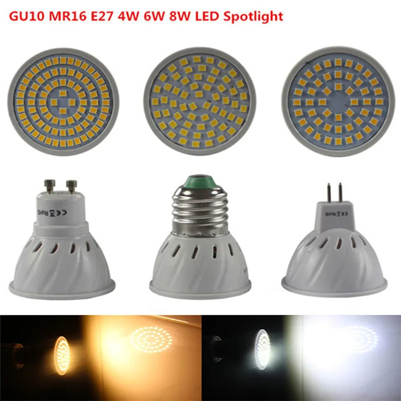 20 шт. MR16 GU10 smd2835 светодиодный фонарик E27 220 В 230 Открытый Прожекторы 4 Вт 6 8 48 60leds 80