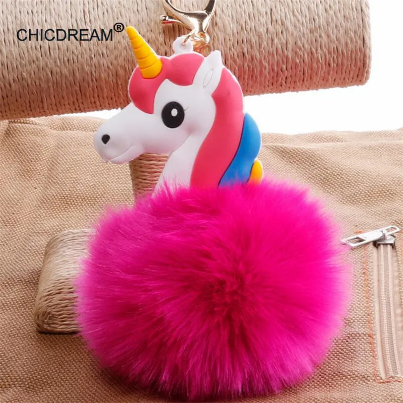 

Fluffy Unicorn Pony Keychain Pendant Pompom Artificial Rabbit Fur Key Chain Car Key Ring Holder Hang Bag Accessories For Women