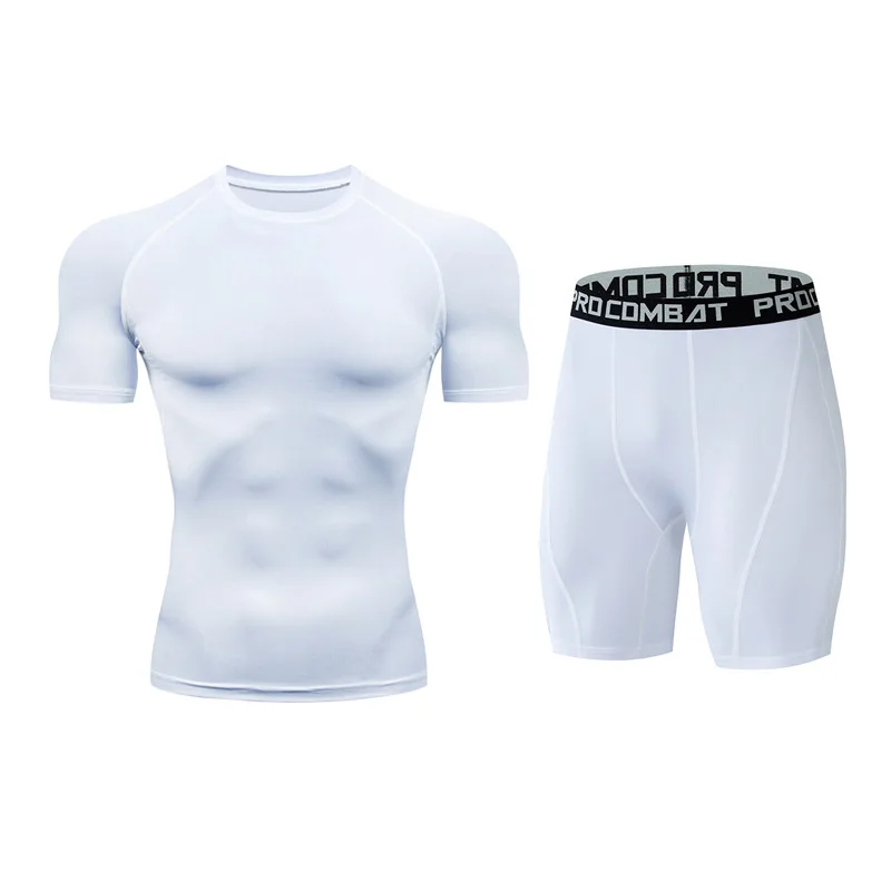 Для мужчин костюм модные компрессионная рубашка для фитнеса Однотонная футболка с короткими рукавами+ Шорты Для мужчин костюм мышцв, бодибилдинг одежда
