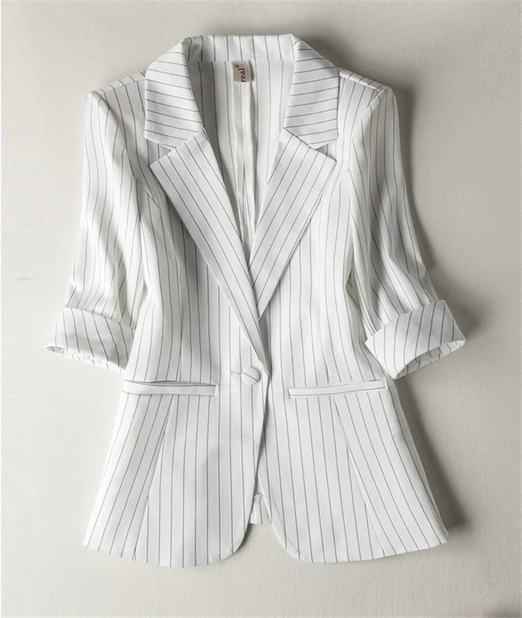 Весенне-летний костюм в полоску, женские тонкие пиджаки, куртки, плюс размер, S-7XL, рукав три четверти, короткая верхняя одежда, повседневная женская одежда, G275 - Цвет: white