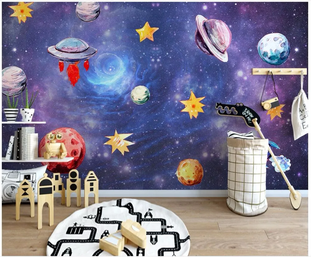Пользовательские Фото Фреска 3d фото обоями домашнего декора ручной росписью пространство вселенной детская комната 3d настенные фрески