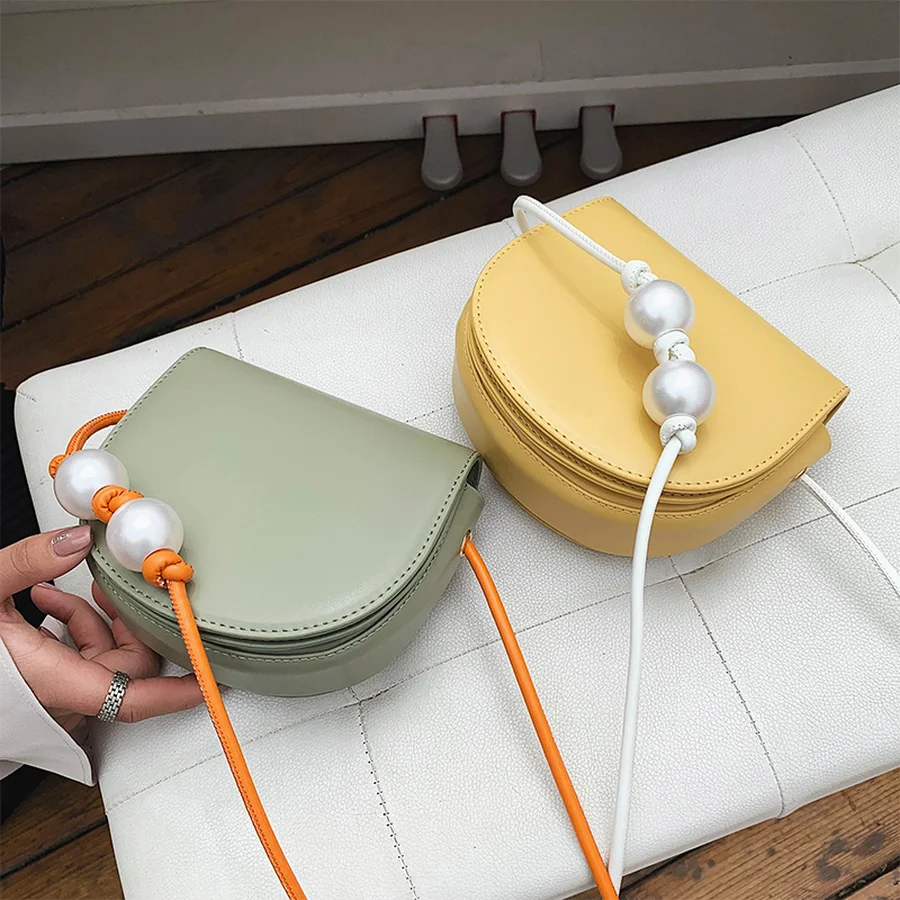 

Casual Pearls Beaded Saddle Bags For Women's Pu Leather Shoulder Bags Woman Luxury Brands Messenger Crossbody Hand Bag Ladies