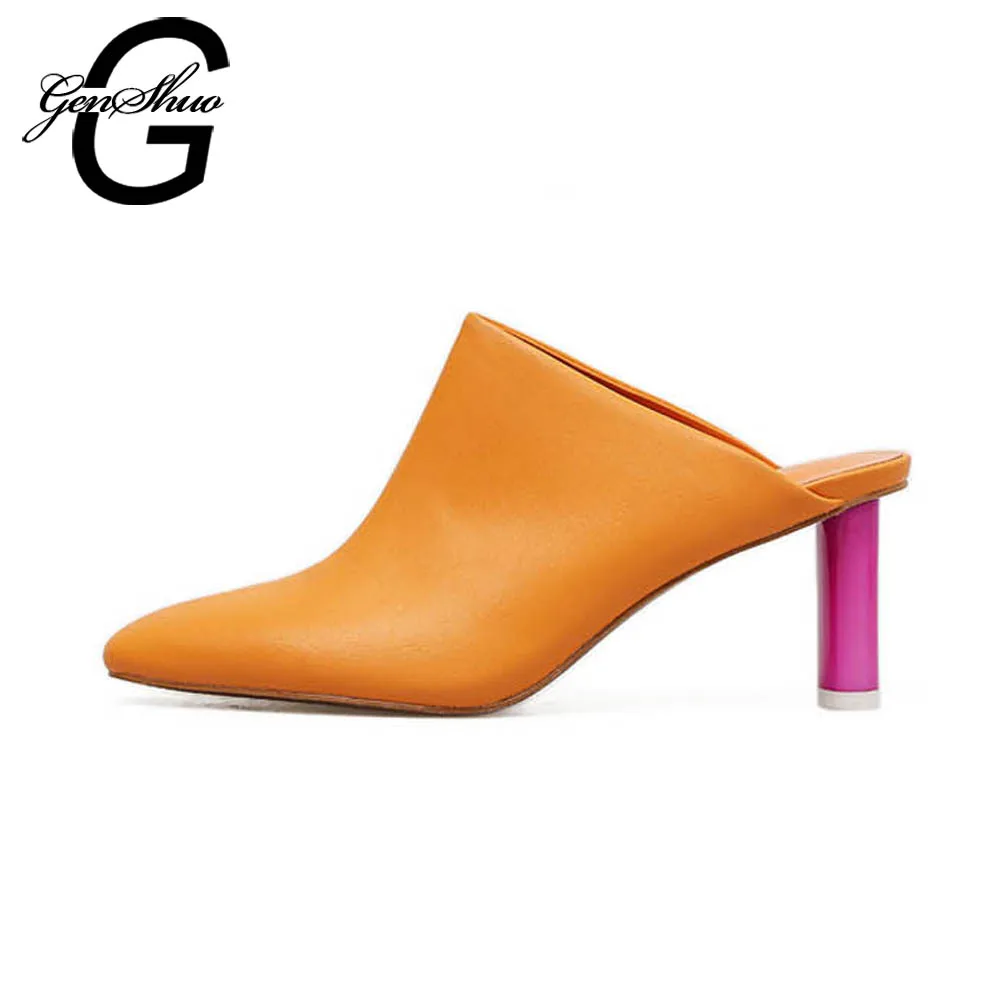 

GENSHUO Women Shoes High Heels Shoes Women Summer Pointed Toe Lazy Mules Pumps Black Yellow 6cm Sandalias Mujer Shoes Zapatos