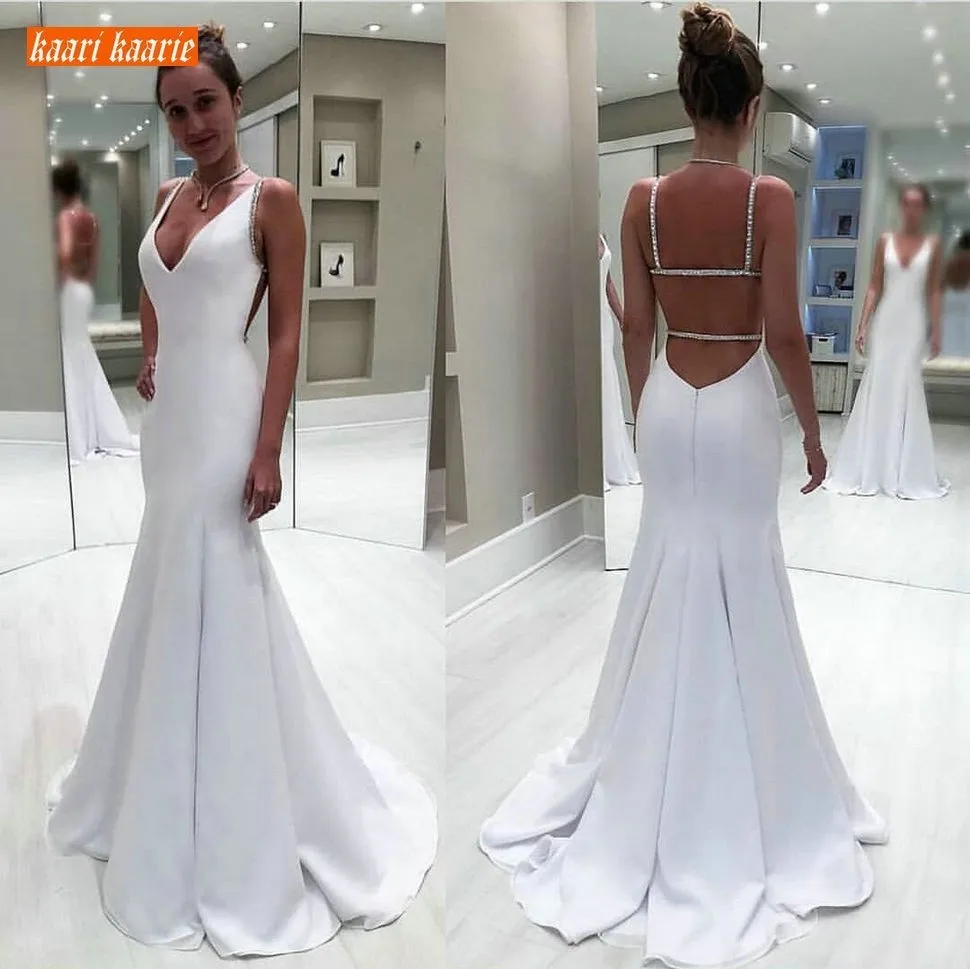 

Fashion White Wedding Dress 2019 Sexy Mermaid Wedding Gown Long Chic V-Neck Elastic Satin Backless Slim Fit Ivory Bridal Dresses