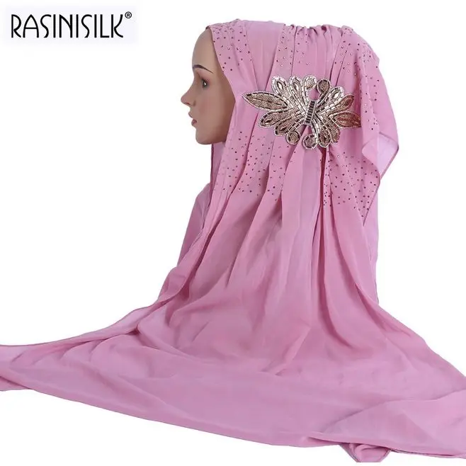 Новые женские дизайнерские хиджаб шарфы большая аппликация стразами пузырь шифон мусульманский шарф Ислам платок арабский тюрбан - Цвет: C19 rubber red