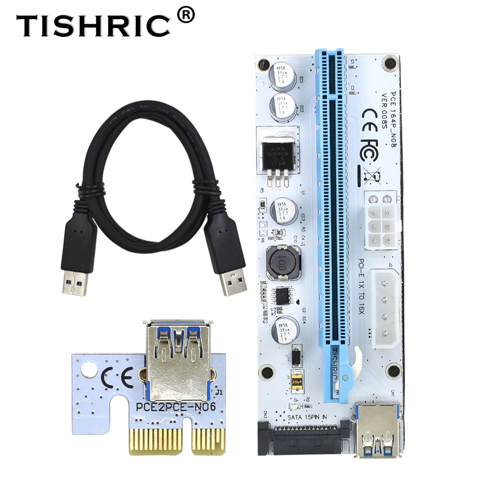 Tishric pci-e PCI Express PCIe Райзер Riser Card 1x к 16x Кабель USB 3.0 Ver 008 s 3 в 1 molex 4Pin SATA 6PIN поднять для добычи