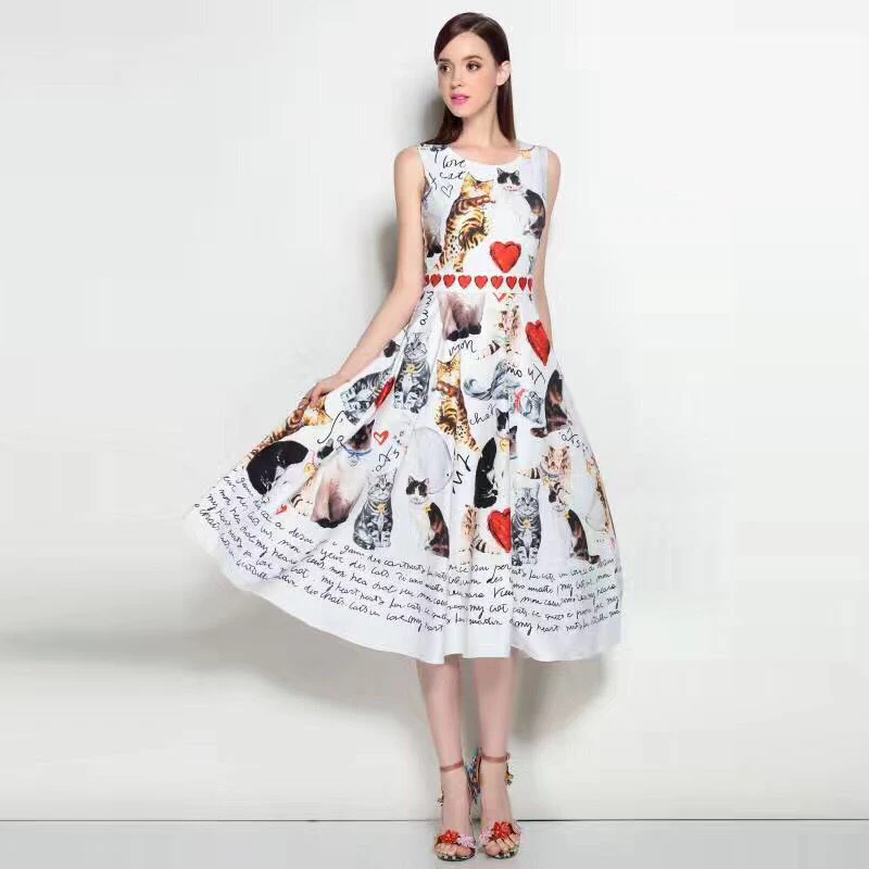 

High quality 2017 new designer runway woman summer dress O-Neck collar fashion cat print white sleeveless dress
