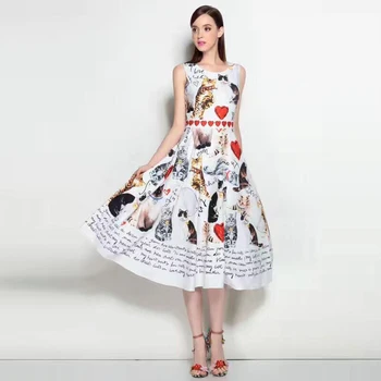 

High quality 2017 new designer runway woman summer dress O-Neck collar fashion cat print white sleeveless dress
