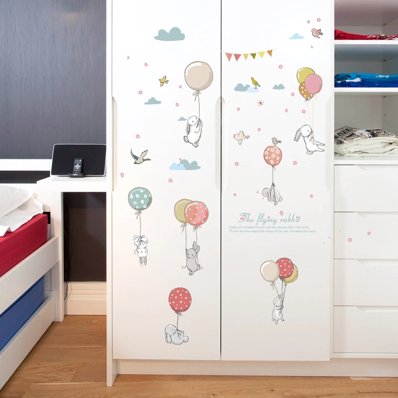 Мультфильм DIY Супер Симпатичный воздушный шарик кролик стикер на стену для детской комнаты птицы облако Декор Мебель гардероб, спальня гостиная наклейка