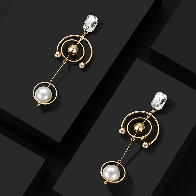LWONG New Gold Ball Multi Circle Long Drop Earrings for Women Square Crystal Faux Pearl Geometrical Earrings Minimalist Earrings