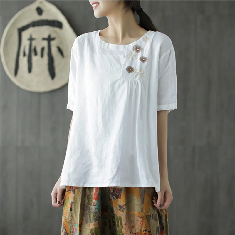 

Johnature New Casual Solid Color Patchwork Embroidery Loose Tops 2019 Summer O-Neck Short Sleeve Linen Women T-Shirts