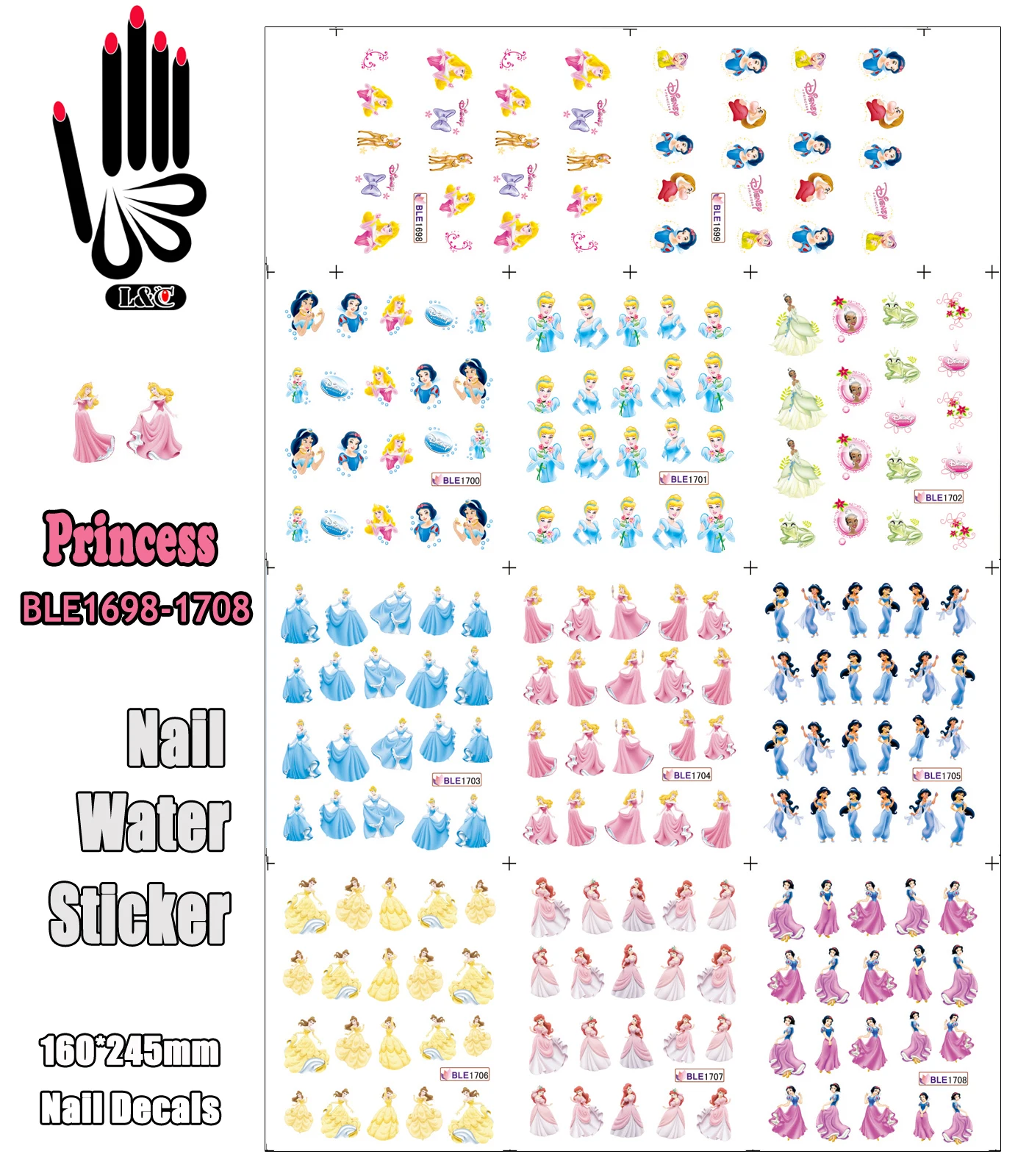 

11 Sheets/Lot Nail BLE1698-1708 Snow Princess Nail Art Water Sticker for Nail Art Decoration(11 DESIGNS IN 1)