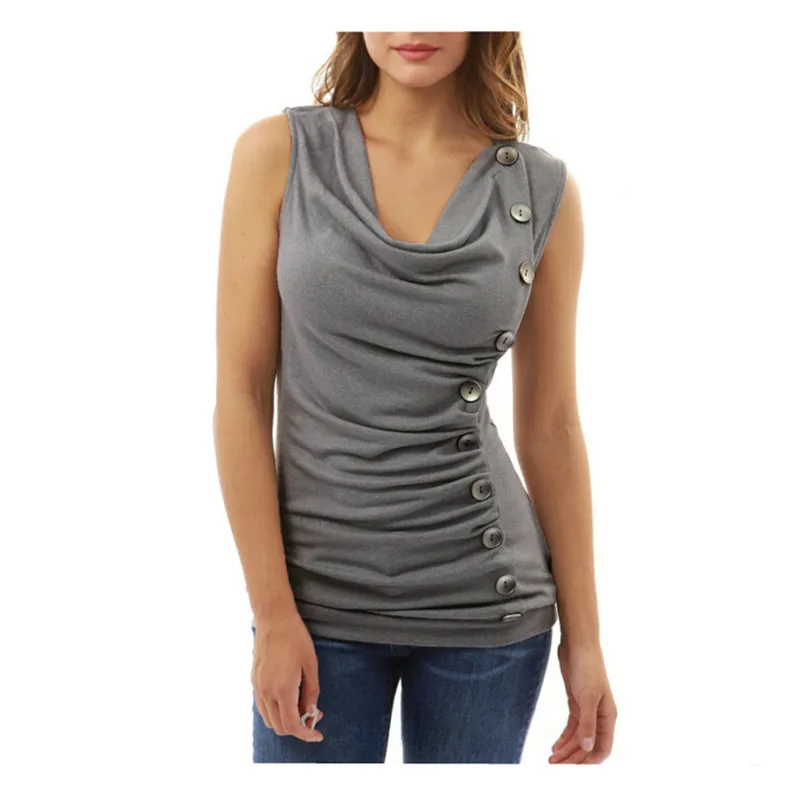 Women 2017 Summer Casual V Neck Solid Sleeveless T Shirt Button Low cut