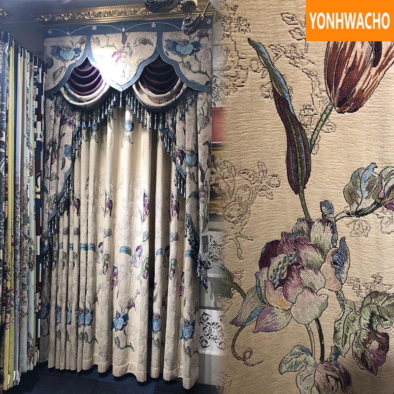 

Custom curtains Villa luxury European pastoral chenille thicken jacquard beige cloth blackout curtain tulle valance drape B079
