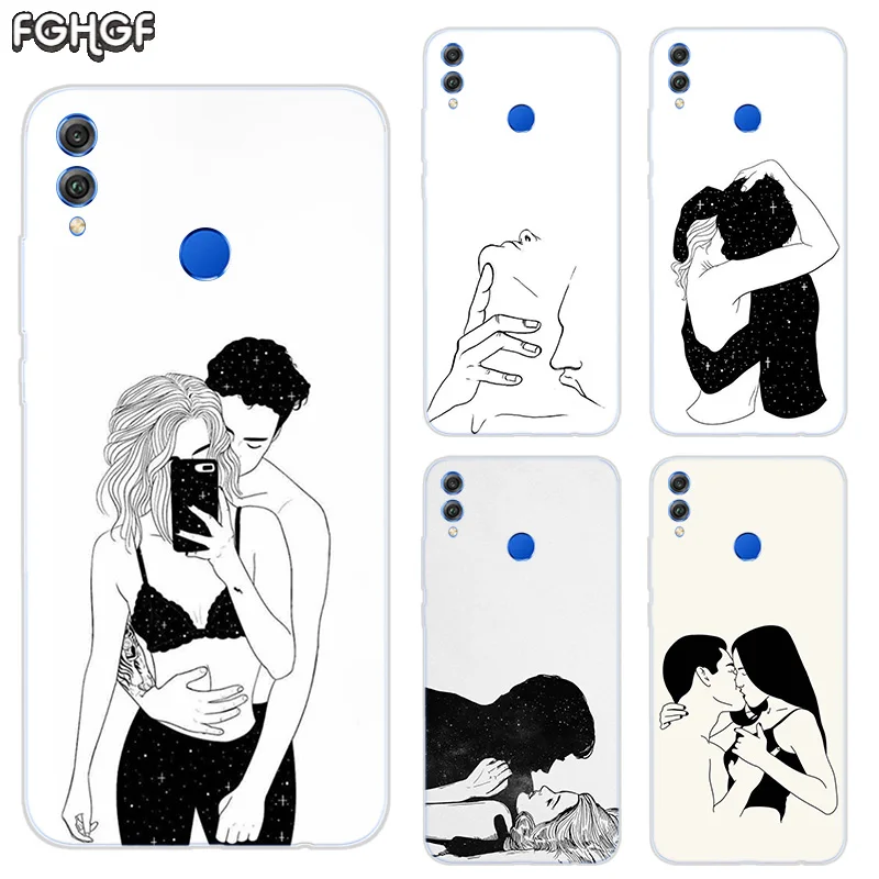 Sketch Couple Frosted Fundas Soft TPU Print Case For Huawei Honor V20 8X 7 8 9 10 lite 7X 8A V9 Play Cover |