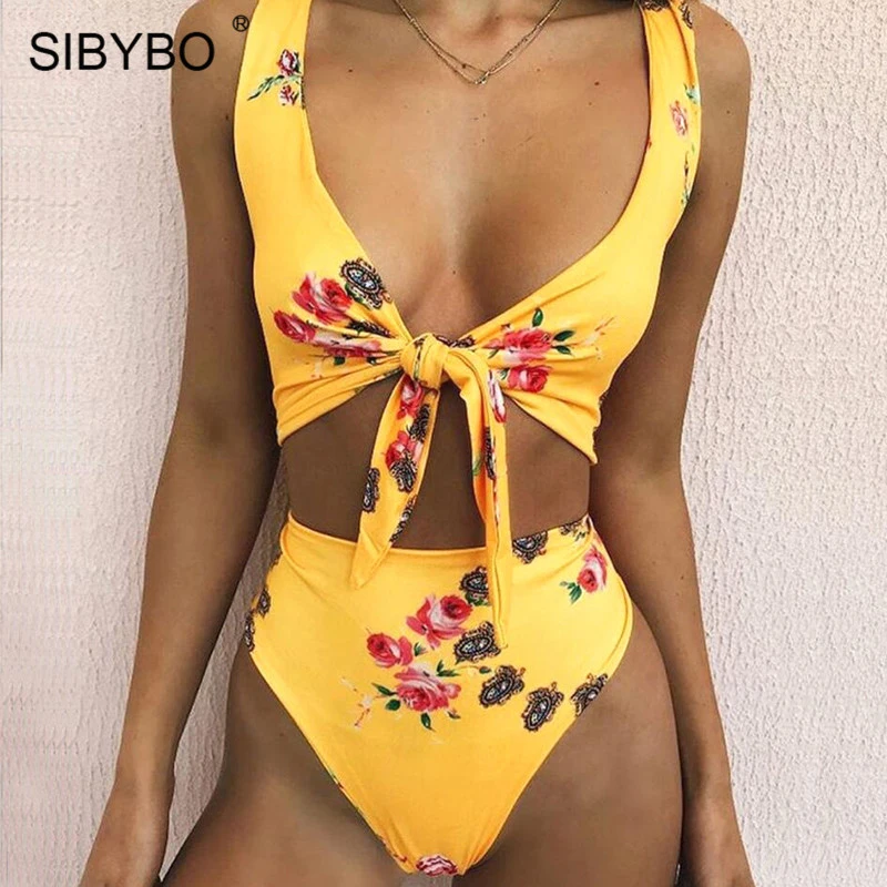 Sibybo Сексуальная связать бикини Для женщин Push Up Купальники Женщина Brasil печати