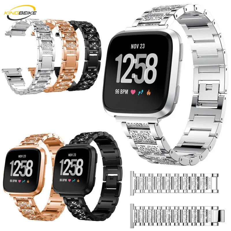 

KINGBEIKE 5 Colors Stainless Steel Watchbands For Fitbit Versa Watch Band Bling Rhinestones Bracelet Smart Watches Metal Strap