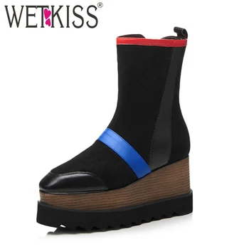 

WETKISS High Heels Women Boots Square Toe Zip Footwear Cow Leather Female Boot Autumn Casual Platform Shoes Women 2019 Black