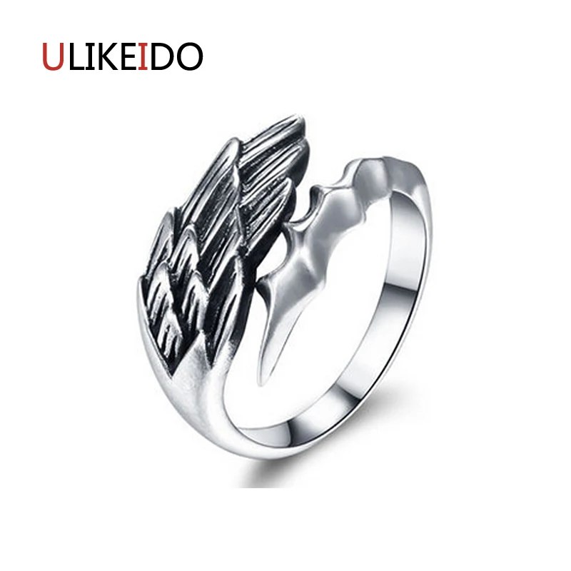 

100% Pure 925 Sterling Silver Jewelry Angel Wings Rings Opening Vintage Men Signet Ring For Women Fine Gift 0014