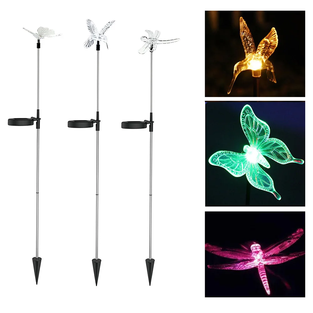 Goedkoop Hi L 3 stks partij Outdoor Solar LED Gazon Verlichting Vogel amp; Vlinder amp; Libelle RGB Kleur Veranderende Solar Tuin Stake Decoratie Lamp