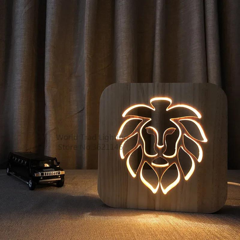 

3D Wooden led Lion Lamp Animal USB LED Table Light Lion luz Switch Control bebe noche Wood Carving for Children bedroom Decor