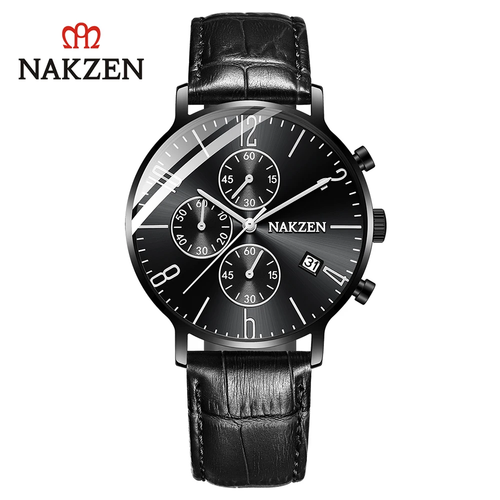 NAKZEN брендовые подлинные простые деловые мужские часы с тремя глазами