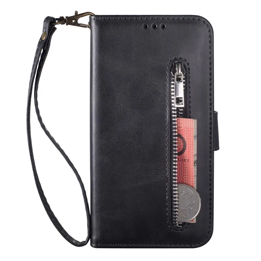  Cow PU Leather Zipper Flip Case For Samsung Galaxy A20E A40 Cover 3 Card Slots Stand Wrist Strap